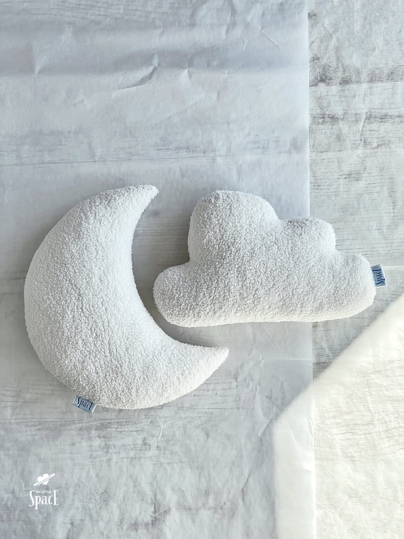 Cream White Boucle Moon Cushion, Ecru Teddy Crescent Moon Shaped Decorative Pillow, Soft Bouclé Baby Gift, Celestial Kids Room Nursery Decor image 1