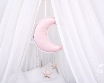 Powder Pink Crescent Moon Mobile, Valvet Star Crib Hanging Decor, Celestial Themed Kids Room Nursery, Wall Hang Decoration, Newborn Gift