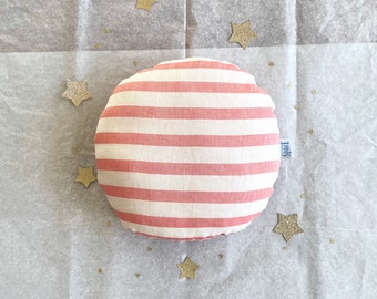 Round Striped Pillow, Red White Soft Linen Circle Decorative Accent Cushion, Vintage Style Home Decor, Kids Room Nursery Candy Decoration