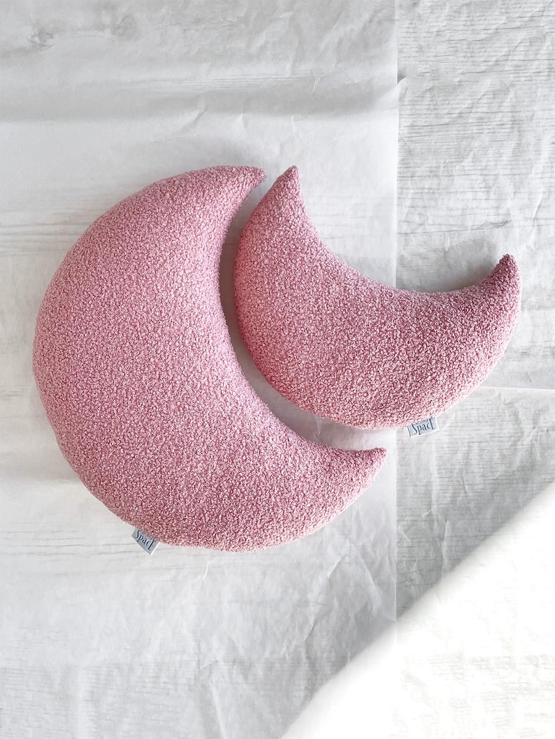 Dusty Pink Boucle Moon Pillow, Crescent Nursery Pillow, Soft Throw Cushion image 2