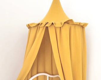 Mustard Muslin Bed Hanging Canopy with Frills, Cotton Crib Baldachin, Kids Room Play Tent, Reading Nook, Betthimmel, Yellow Nursery Accent