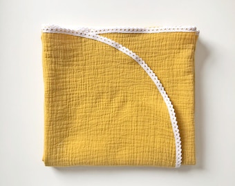Mustard Yellow Muslin Blanket, Organic Cotton Summer Baby Swaddle, Thin Soft Double Gauze Wrap
