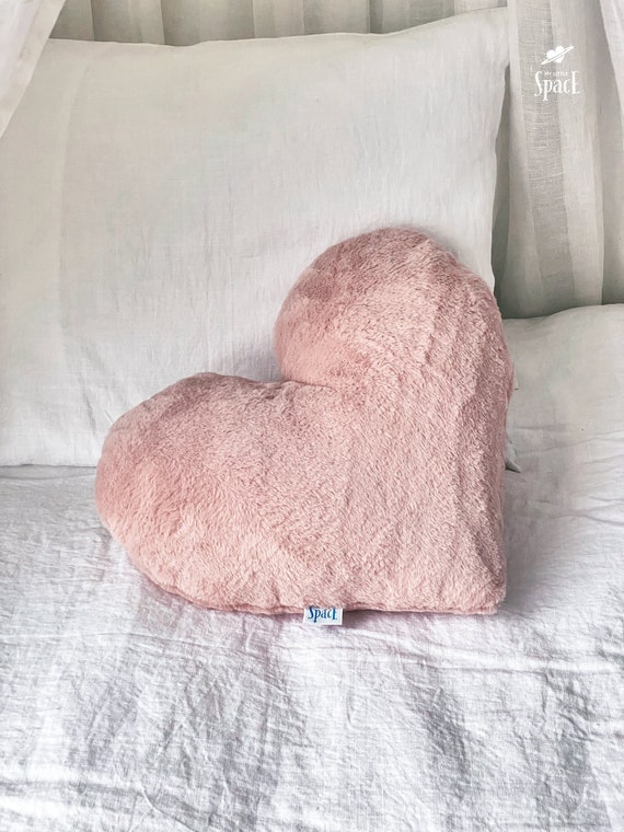 Powder Pink Faux Fur Heart Cushion Fluffy Heart Shaped Pillow