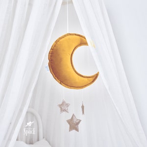 Mustard Crescent Moon Mobile, Valvet Moon Golden Star Crib Hanging Decor, Celestial Kids Room Nursery, Wall Hang Decoration, Newborn Gift