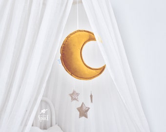 Mustard Crescent Moon Mobile, Valvet Moon Golden Star Crib Hanging Decor, Celestial Kids Room Nursery, Wall Hang Decoration, Newborn Gift