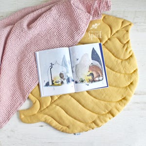 Linen Leaf Play Mat, Kids Room Quilted Mustard Yellow Floor Mat, Nursery Soft Playing Rug, Floor Padded Playmat, Baby Shower Gift