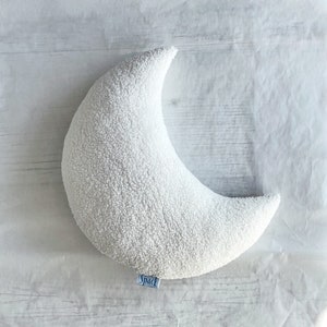 Cream White Boucle Moon Cushion, Ecru Teddy Crescent Moon Shaped Decorative Pillow, Soft Bouclé Baby Gift, Celestial Kids Room Nursery Decor image 3