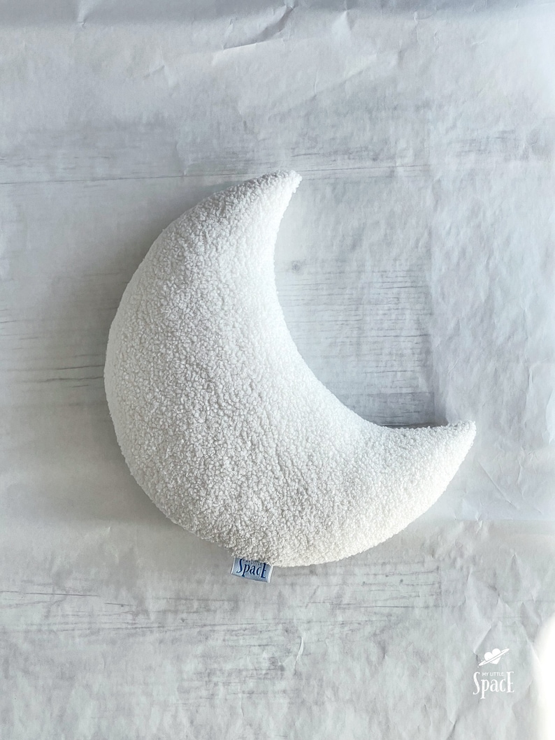 Cream White Boucle Moon Cushion, Ecru Teddy Crescent Moon Shaped Decorative Pillow, Soft Bouclé Baby Gift, Celestial Kids Room Nursery Decor image 3