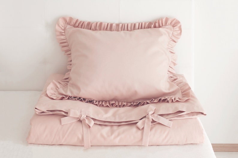 Powder Pink Bedding Set Ruffled Pillow Case With