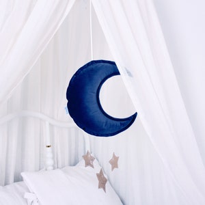 Navy Blue Crescent Moon Mobile, Valvet Moon Golden Star Crib Hanging Decor, Celestial Kids Room Nursery, Wall Hang Decoration, Newborn Gift