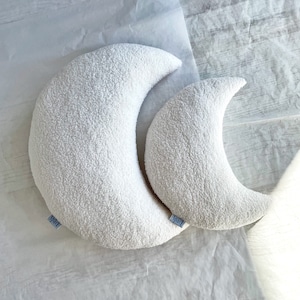 Cream White Boucle Moon Cushion, Ecru Teddy Crescent Moon Shaped Decorative Pillow, Soft Bouclé Baby Gift, Celestial Kids Room Nursery Decor image 2