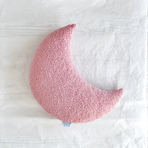 Dusty Pink Boucle Half Moon Cushion, Blush Teddy Crescent Moon Decorative Pillow, Soft Bouclé Baby Gift, Celestial Kids Room Nursery Decor
