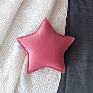 French Rose Velvet Star Cushion, Pink Star Shaped Decorative Pillow, Baby Shower Gift for Girl, Celestial Kids Room Playroom Nursery Decor image 3