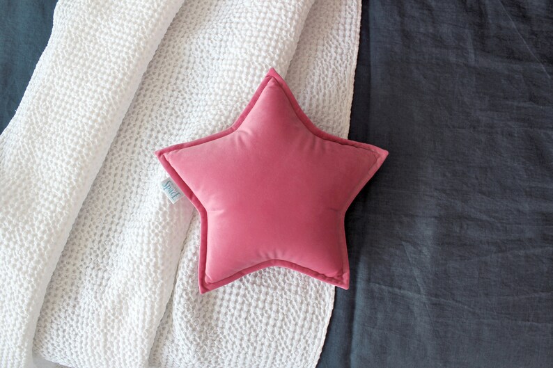 French Rose Velvet Star Cushion, Pink Star Shaped Decorative Pillow, Baby Shower Gift for Girl, Celestial Kids Room Playroom Nursery Decor image 3