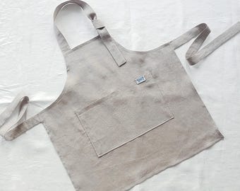 Linen Kids Apron with Pockets - Beige Bib Apron, Toddler Pinafore