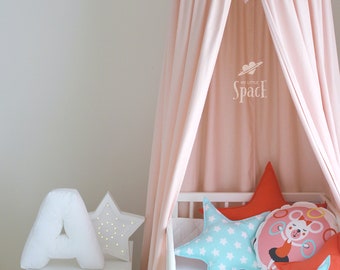 Powder Pink Bed Hanging Canopy with Frills, Premium Cotton Ruffled Crib Baldachin, Kids Room Play Tent, Reading Nook, Blush Nursery Accent