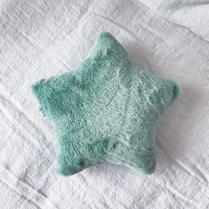 Mint Green Faux Fur Star Cushion, Fluffy Star Shaped Decorative Pillow, Super Soft Cute Baby Shower Gift, Celestial Kids Room Nursery Decor