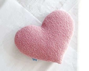 Dusty Pink Boucle Heart Cushion, Blush Teddy Boho Heart Shaped Decorative Pillow, Soft Bouclé Baby Shower Gift, Love Valentine's Decor