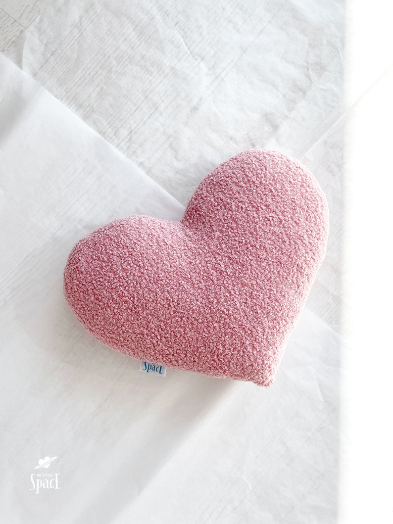 Dusty Pink Boucle Heart Cushion, Blush Teddy Boho Heart Shaped Decorative Pillow, Soft Bouclé Baby Shower Gift, Love Valentine's Decor image 1