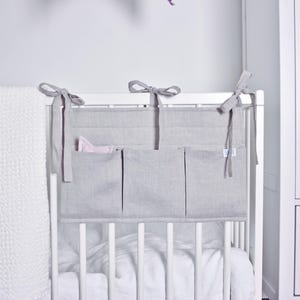 Light Grey Linen Organizer, Hanging Diaper Storage Bag, Padded Bedside Pocket
