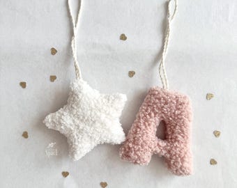 Boucle Letter Decor, Handmade Alphabet Hanging Character, Personal Name Ornament, Pink Letter Nursery Decoration, Beige Custom Initial Tag