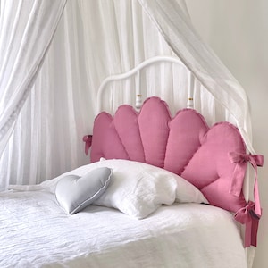 French Rose Linen Headboard Cushion with Ties, Pink Padded Pillow, Ikea SAGSTUA Bed Frame Headboard