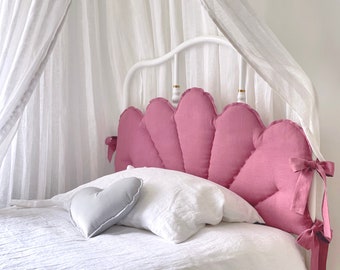 French Rose Linen Headboard Cushion with Ties, Pink Padded Pillow, Ikea SAGSTUA Bed Frame Headboard