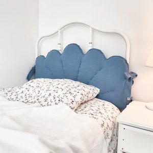 Dusty Blue Linen Headboard Cushion with Ties, Jeans Color Padded Pillow, Ikea SAGSTUA Bed Frame Headboard, France cottage decor