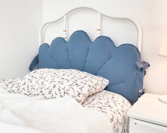 Dusty Blue Linen Headboard Cushion with Ties, Jeans Color Padded Pillow, Ikea SAGSTUA Bed Frame Headboard