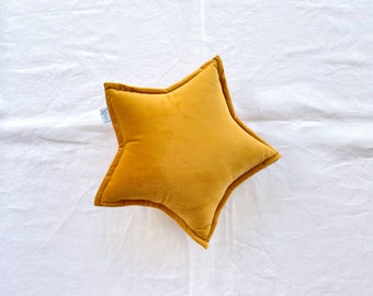 Mustard Velvet Star Cushion, Yellow Star Shaped Decorative Pillow, Gender Neutral Baby Gift, Celestial Kids Room Playroom Nursery Decor