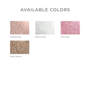 May include: Image displaying fabric swatches in four colors: powder pink, cream white, dusty pink, and camel brown. The text "AVAILABLE COLORS" is at the top. Each swatch is a different shade of neutral colors.