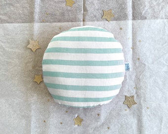Round Striped Pillow, Mint White Soft Linen Circle Decorative Accent Cushion, Vintage Style Home Decor, Kids Room Nursery Candy Decoration