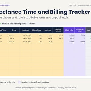 Könnte beinhalten: Eine Google Sheets-Vorlage zur Zeiterfassung und Abrechnung für Freiberufler. Die Benutzeroberfläche zeigt Spalten für Datensatz, Gruppe, Datum, Stunden, Stundensatz, eingezogenen Betrag, abrechenbaren Wert und nicht eingezogenen Wert.