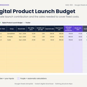 May include: A digital product launch budget Google Sheets template titled Digital Product Launch Budget. The spreadsheet features columns for record item, group, date, price, costs, sales, and calculations, with amber cells for inputs and purple for results.