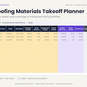 Könnte beinhalten: Eine digitale Google Sheets-Vorlage für einen Dachmaterial-Planer. Die Benutzeroberfläche zeigt eine Tabelle mit Spalten für Datensatz, Gruppe, Datum, Menge, Verschnitt und Kosten. Bernsteinfarbene Zellen zeigen Benutzereingaben und violette Zellen Berechnungen.