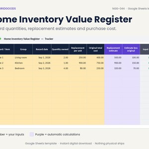 May include: A digital Home Inventory Value Register Google Sheets template with a dark blue header, amber input columns, and purple calculation columns. The table includes columns for record, group, date, quantity, cost, and estimates with sample data.