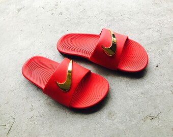 red nike slides double strap