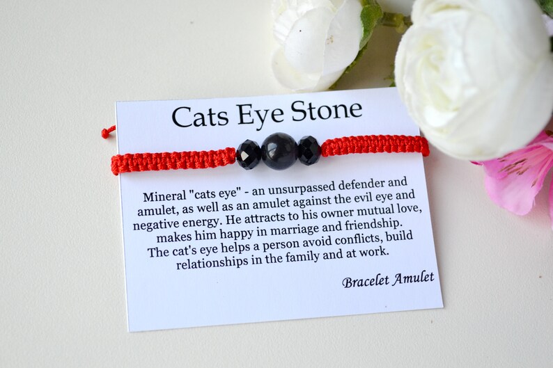 Protection bracelet Red string of fate Kabbalah bracelet Evil eye meaning Grey cat eye Cat eye bracelet Red thread Healing gemstone