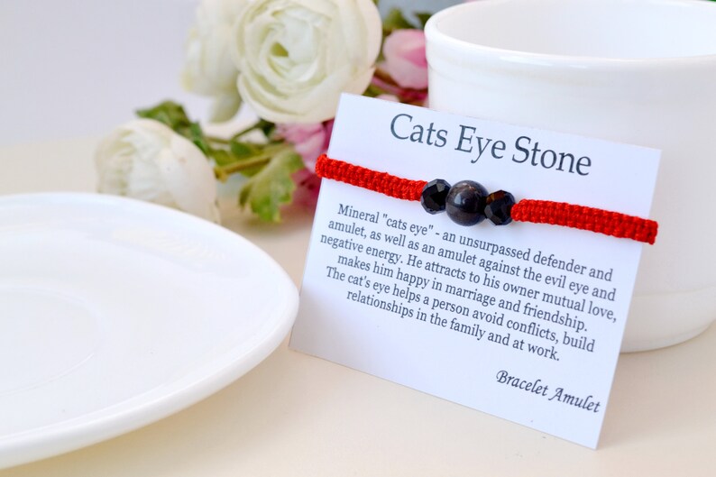 Protection bracelet Red string of fate Kabbalah bracelet Evil eye meaning Grey cat eye Cat eye bracelet Red thread Healing gemstone