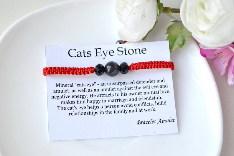 Protection bracelet Red string of fate Kabbalah bracelet Evil eye meaning Grey cat eye Cat eye bracelet Red thread Healing gemstone