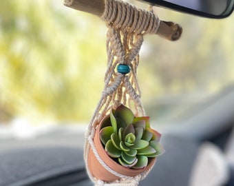 CooShou 2 Pack Mini Macrame Plant Hanger Car Rear View Mirror Charm Hanging Accessories Car Office Home Wall Hallway Plant Hangers with Artificial Succulent Plants and Pots for Plant Lover