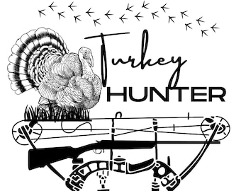 以下が含まれることがあります： 弓矢を持った七面鳥の白黒イラスト。その上に「Turkey Hunter」の文字が書かれている。