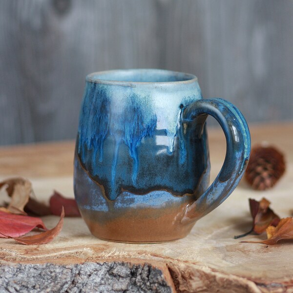 Rustic Blue Pottery Mug Handmade, Large 15oz Ceramics Coffee Mug, Stoneware Clay, Tea, Cup, Belly mug glazed drippy weathered Blues & Rust