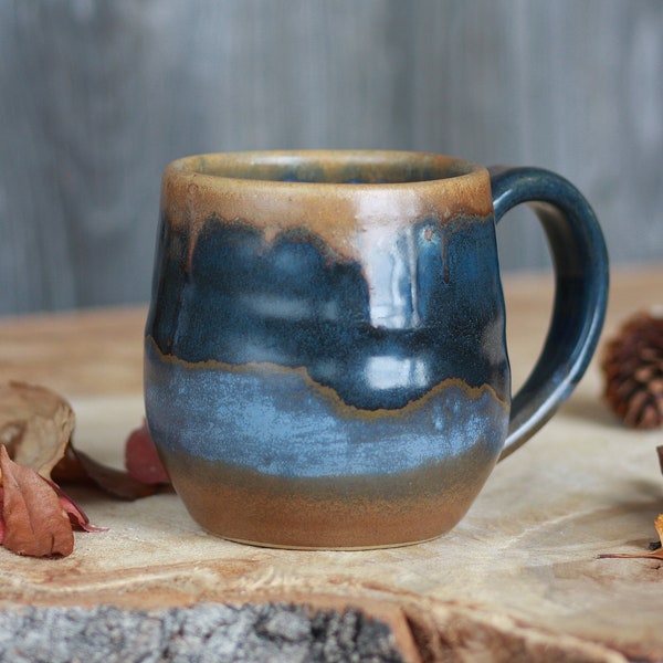 Rustic Blue Pottery Mug Handmade, Large 15.5oz Ceramics Coffee Mug, Stoneware Clay, Tea, Cup, Belly mug glazed drippy weathered Blues & Rust