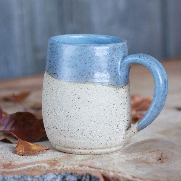 Rustic Pottery Mug Handmade, Large 16 oz Ceramic Coffee Belly Mug, Speckled Tan Stoneware Mug, Rough Hewn 'Scuffed' Patchy Blue Gray Finish