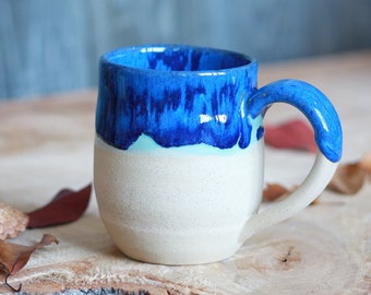 Handmade Blue Pottery Mug, Barrel shaped Large 14 oz Coffee Mug, Hand crafted Ceramics Mug, Tea, Clay Cup, Tan Stoneware Clay, Half Glazed
