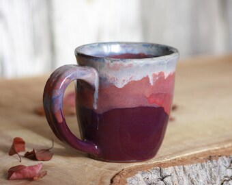 Rustic Purple Pottery Mug Handmade, Dark Stoneware Clay Ceramics 10oz Coffee Mug, Clay Cup w handle, Barrel shaped Eggplant & Coral glaze