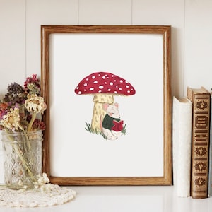 Mouse Reading Under Mushroom - Printable Art