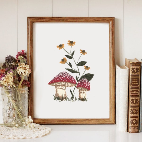 Red Mushrooms and Yellow Flowers - Printable Art