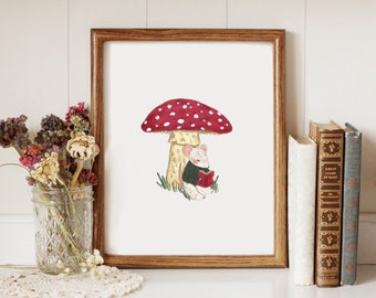 Mouse Reading Under Mushroom - Printable Art